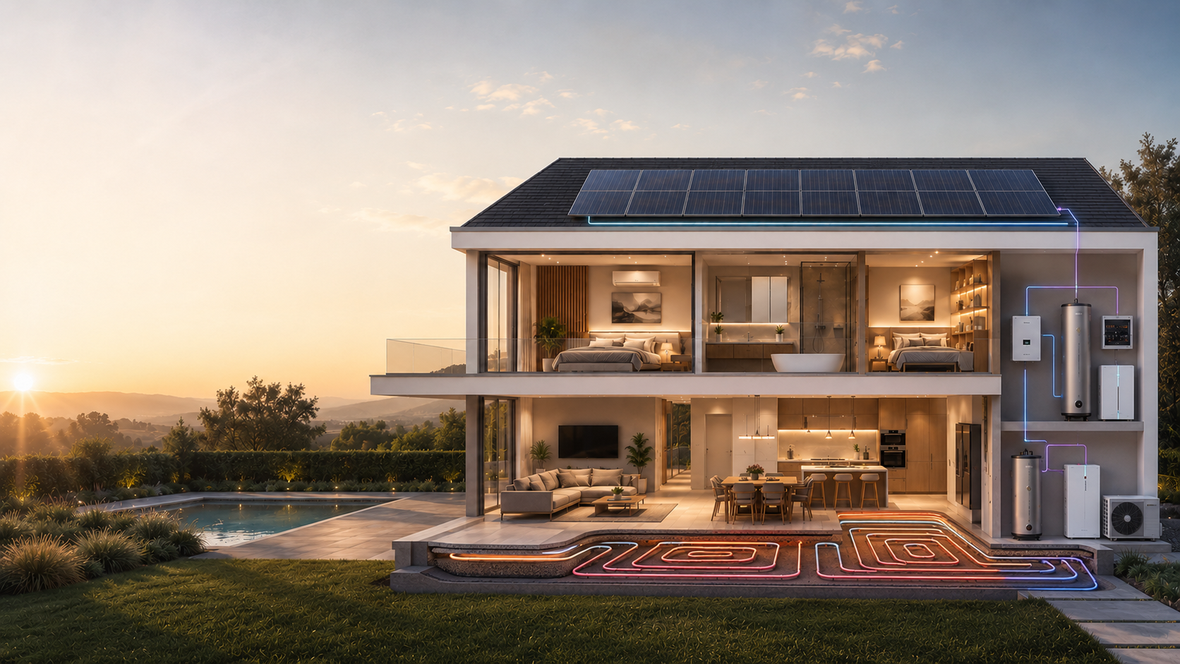 Vivienda moderna con placas solares y sistema energético integrado